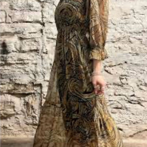 Elan Maxi Med. Dress Tiered Sheer Lined 3/4 Sleeve Metalic Gold Fairy Whimsical - Picture 12 of 14